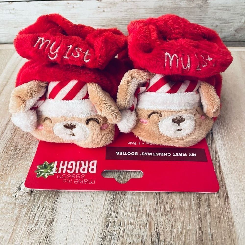 NWT Bright Sz Age 0/6 Months Baby  My first Christmas Red Bear Soft Warm Booties